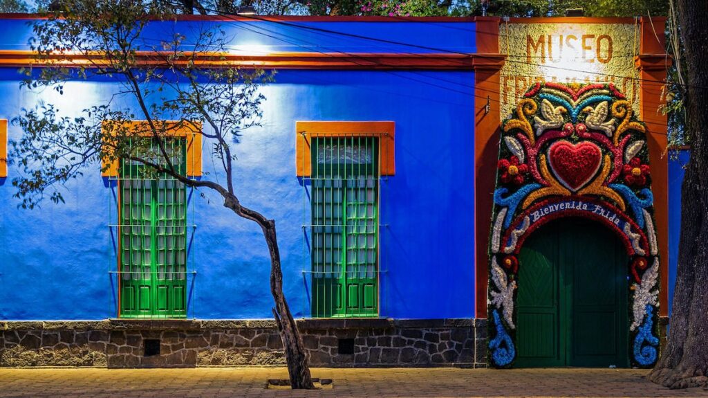 the famous frida kahlo museum, also known as the casa azul (blue house) in mexico city, mexico.