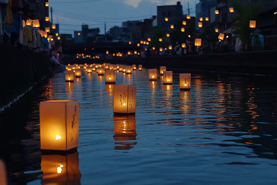 lanterns reflecting on water