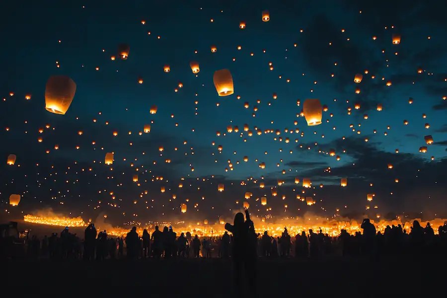 a night sky illuminated by lanterns
