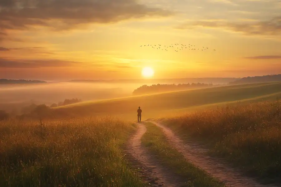 a peaceful sunrise over a quiet countryside