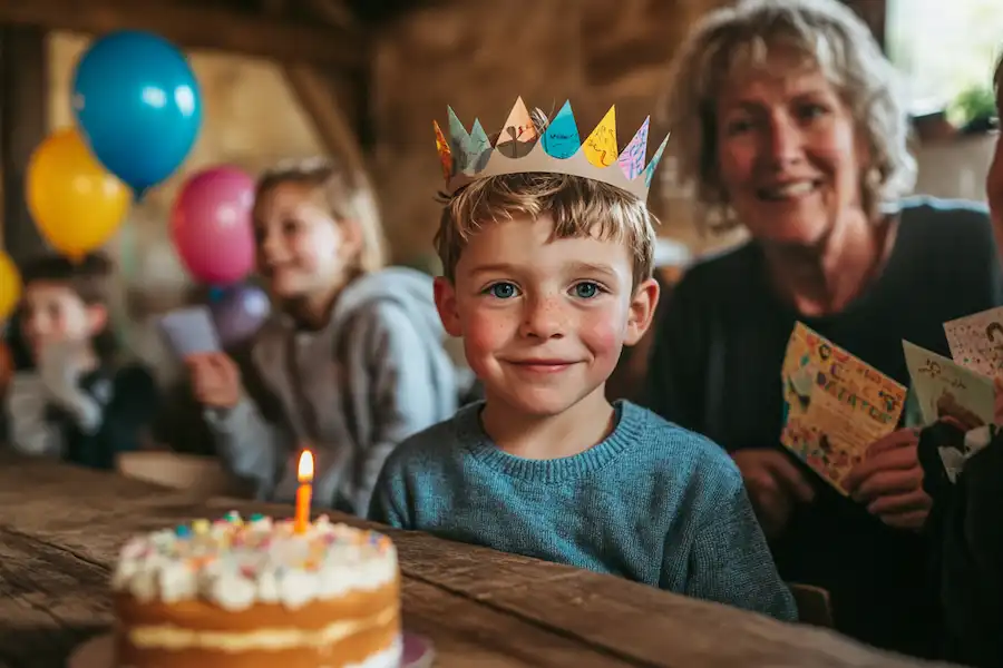 children holding balloons and homemade birthday
